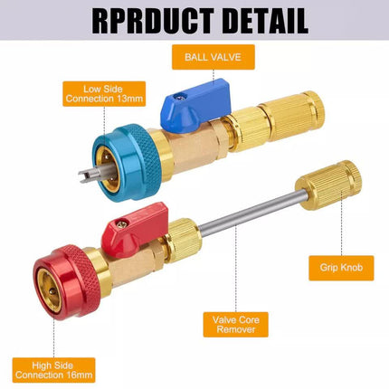 Professional Car AC Repair Kit with Quick Release for R134A Systems, Schrader Valve Core Removal Tool Compatible with High and Low Pressure.