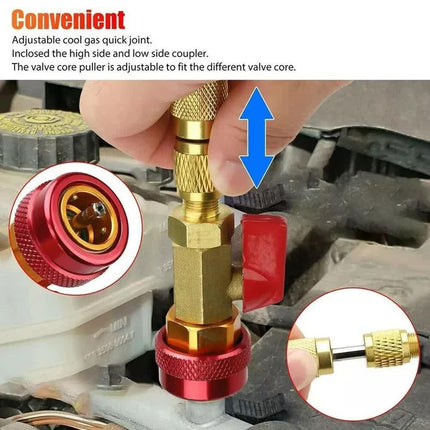 Professional Car AC Repair Kit with Quick Release for R134A Systems, Schrader Valve Core Removal Tool Compatible with High and Low Pressure.