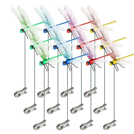 12pcs Artificial 3D Dragonfly Clips for Outdoor Garden Decor, Gardening.