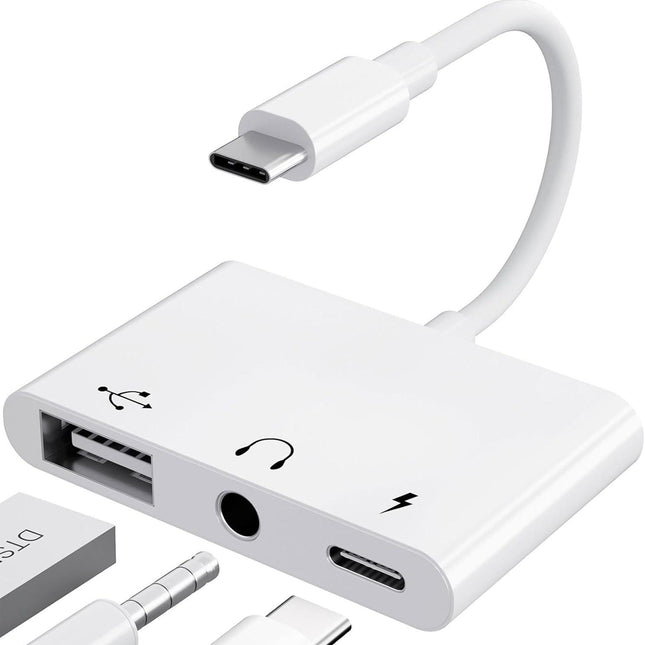 USB C to 3.5mm Jack Audio Adapter with Fast Charging OTG White.