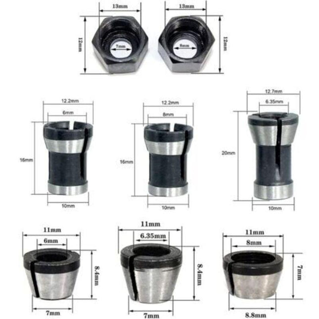 Router Collet Set of 6 - 6mm 6.35mm 8mm Countersunk Milling Chuck Collet Adapter.