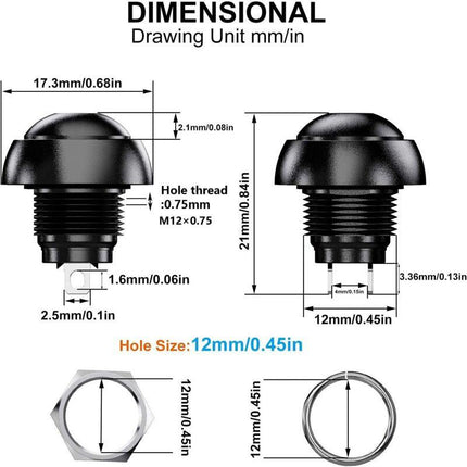 Waterproof Momentary Push Button Switch SPST 12mm ON/OFF Compatible with Car Horn PC Lamp Doorbell 12pcs 3A 3-230VAC.