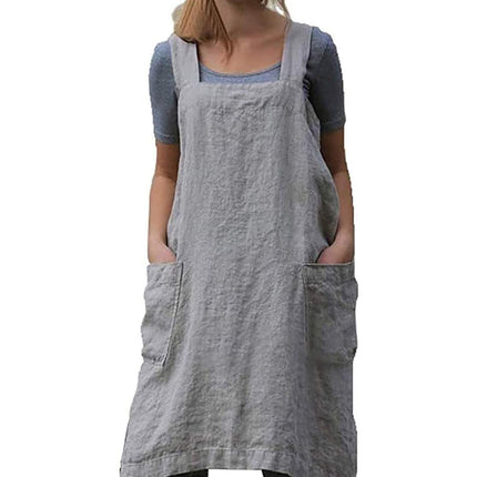 Gray Women's Cotton and Linen Apron with Cross Back and Large Pocket, Size M.