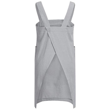 Gray Women's Cotton and Linen Apron with Cross Back and Large Pocket, Size M.