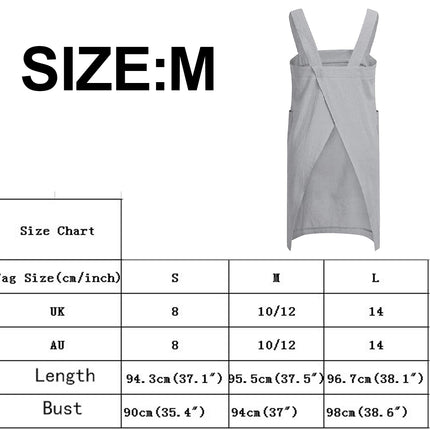 Gray Women's Cotton and Linen Apron with Cross Back and Large Pocket, Size M.