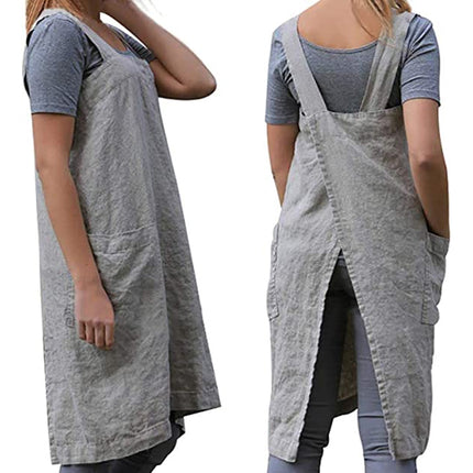 Gray Women's Cotton and Linen Apron with Cross Back and Large Pocket, Size M.