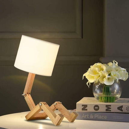 Creative Robot Desk Lamp, Adjustable Can Place Books Wooden Bedside Lamp with Fabric Lampshade E27 Screw for Decorative Lighting [Energy Class A] NPTERBL.