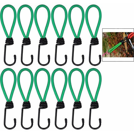 Rubber Straps with Hooks 16 Pieces Green, for Camping Tents, Tarpaulins, and Awnings.