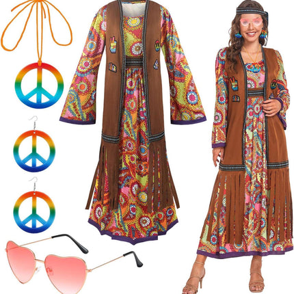 60s costume women, hippie women's dress set, 70s disco halloween outfits, hippie clothing women's costume, 60s clothing accessories L.