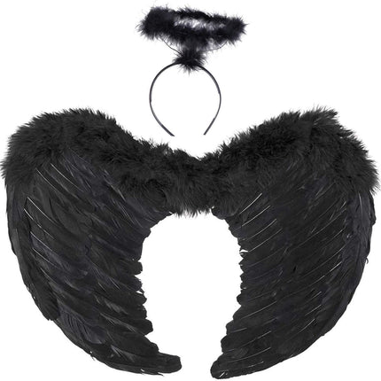 Black Angel Wings Costume - 45cm, with Halo, Compatible with Women Girls Fallen Feather Wings.