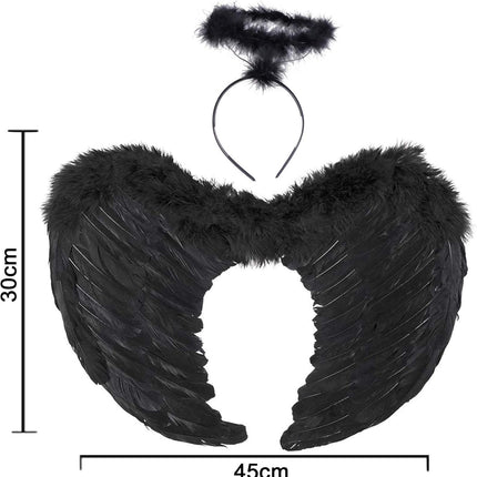 Black Angel Wings Costume - 45cm, with Halo, Compatible with Women Girls Fallen Feather Wings.