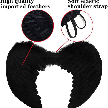 Black Angel Wings Costume - 45cm, with Halo, Compatible with Women Girls Fallen Feather Wings.