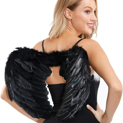Black Angel Wings Costume - 45cm, with Halo, Compatible with Women Girls Fallen Feather Wings.