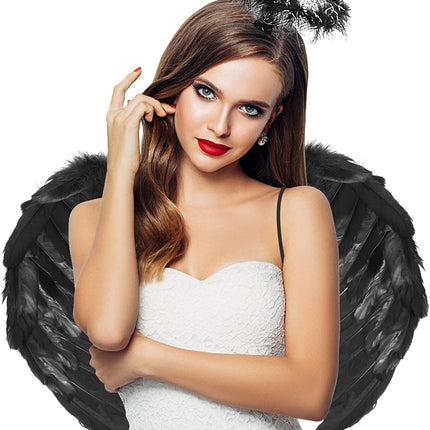 Black Angel Wings Costume - 45cm, with Halo, Compatible with Women Girls Fallen Feather Wings.