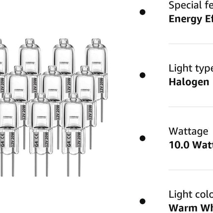 G4 halogen lamps 10W 12V - Warm white - 12 pcs 10W 12pcs 10W 12pcs.