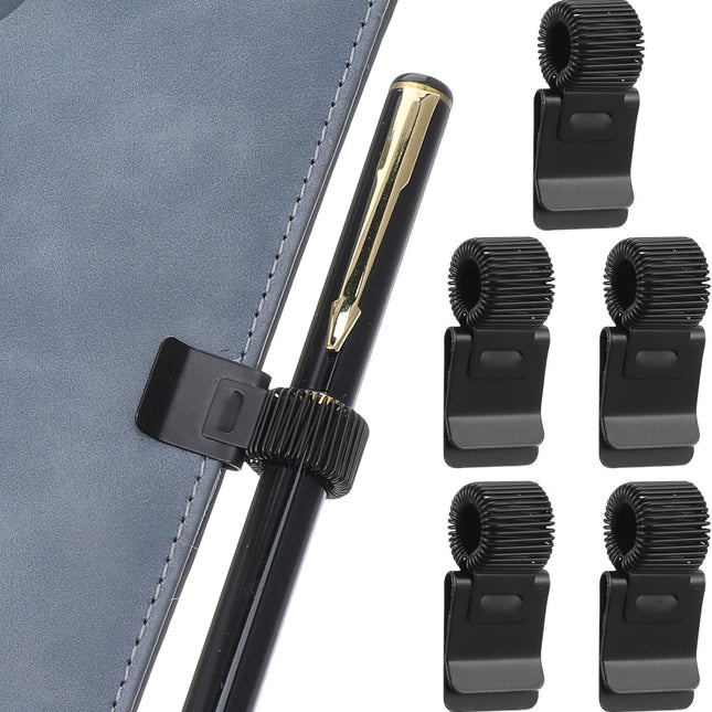 5Pcs Pen Loop Holder, Black Pen Clip Board Holders, Metal Pen Holder Clips with Adjustable Spring Loop, Pen Pencil Holder Organizer, for Notebook and Clipboard in Home, Office, Pocket.