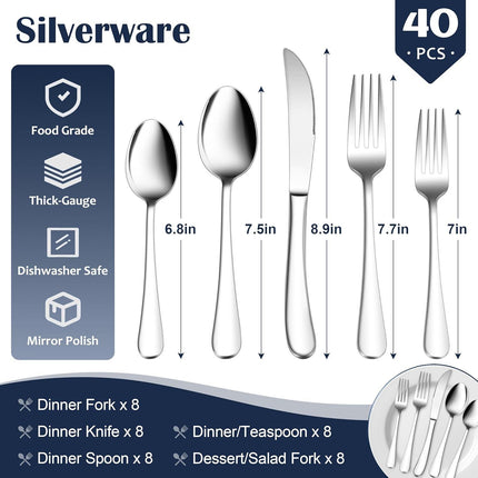Heavy Duty Silverware Set for 8, 40-Piece Stainless Steel Flatware Cutlery Set, Thick Metal Eating Utensils Including Forks and Spoons Knife, Heavy Weight & Mirror Finish, Dishwasher Safe.