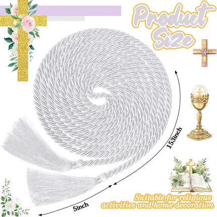 153 Inch Cincture Clergy Rope with Tassels Monks Religious Rites Celebrating Masses Alba Robes Vestments Ceremonial Decor of Christian Denominations for Priest Deacon Altar Server (White).