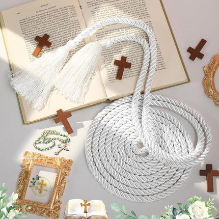 153 Inch Cincture Clergy Rope with Tassels Monks Religious Rites Celebrating Masses Alba Robes Vestments Ceremonial Decor of Christian Denominations for Priest Deacon Altar Server (White).