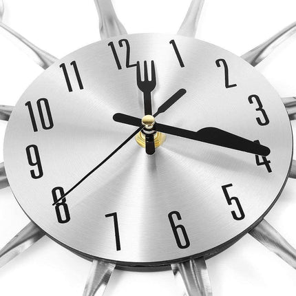 Metal Kitchen Cutlery Wall Clock 14 Inch with Fork Spoon 3D Non Ticking Quartz Watch Clock for Bedroom Home Decor,Silver.