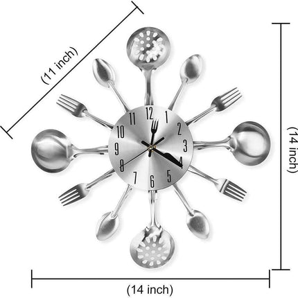 Metal Kitchen Cutlery Wall Clock 14 Inch with Fork Spoon 3D Non Ticking Quartz Watch Clock for Bedroom Home Decor,Silver.