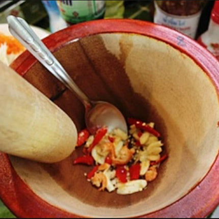 Wooden Mortar 6" Pestle Grinding Herb Garlic Papaya Salad Som Tum Thai Kitchen Tool 1 Set.