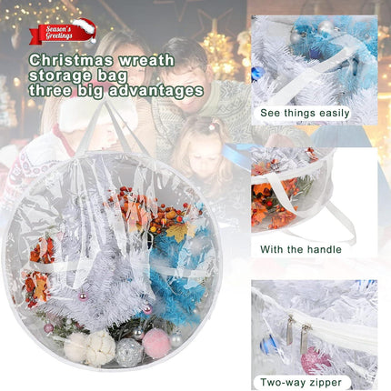 2Pcs Christmas Wreath Storage Container 20 Inch Clear Wreath Storage Bags Round Durable Wreath Bags Clear Everyday Bag with Dual Zippers and Sturdy Handles for Holiday Christmas Wreaths.