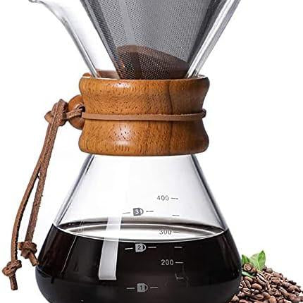 Pour Over Coffee Maker,Reusable Glass Coffee Pot Manual Dripper Brewer Hand Drip with Stainless Steel Filter for Home Travel (14 oz/400 ml).