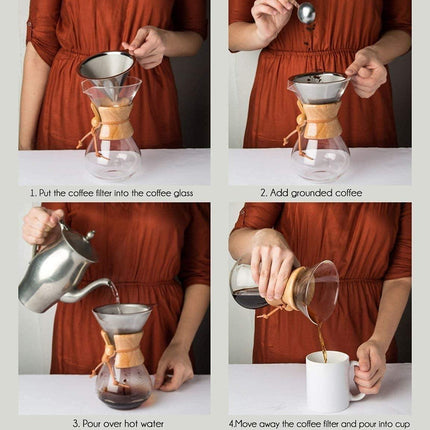 Pour Over Coffee Maker,Reusable Glass Coffee Pot Manual Dripper Brewer Hand Drip with Stainless Steel Filter for Home Travel (14 oz/400 ml).