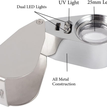 Jewelers Loupe 40X Magnification Metal Foldable Loupe with LED & UV Light.
