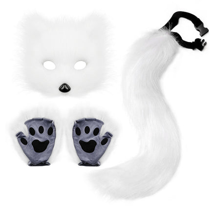 Therian Paws Fur Mask and Tail Set White Halloween Cat Costume Party.