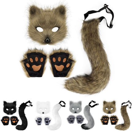 Therian Paws Fur Mask and Tail Set White Halloween Cat Costume Party.