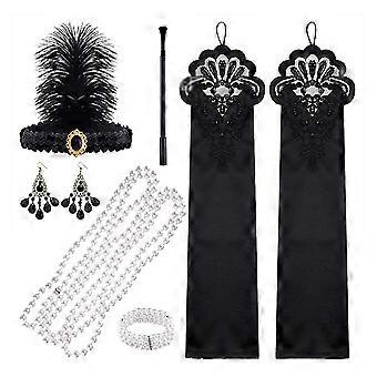 1920s Flapper Accessories Set with Headband Pearl Necklace Bracelet Earrings Gloves.