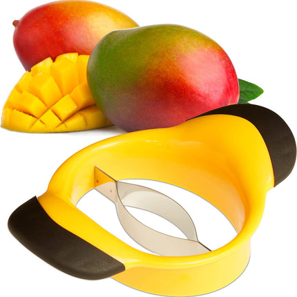 Mango Slicer with Stainless Steel Blade, Non-Slip Handle, Split and Core Mangoes, Black and Yellow.