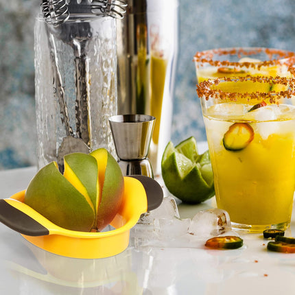 Mango Slicer with Stainless Steel Blade, Non-Slip Handle, Split and Core Mangoes, Black and Yellow.