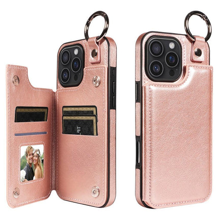 Compatible with Apple iPhone 16 Pro Max Case with Ring and Card Holder, PU Leather, Rose Gold Pink, Skalo.