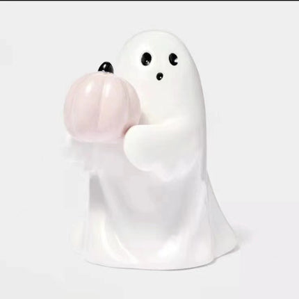 Halloween Resin Middle Finger Ghost Decorations 8CM Pink Pumpkin Ghost with Spranks for Garden and Crafts.