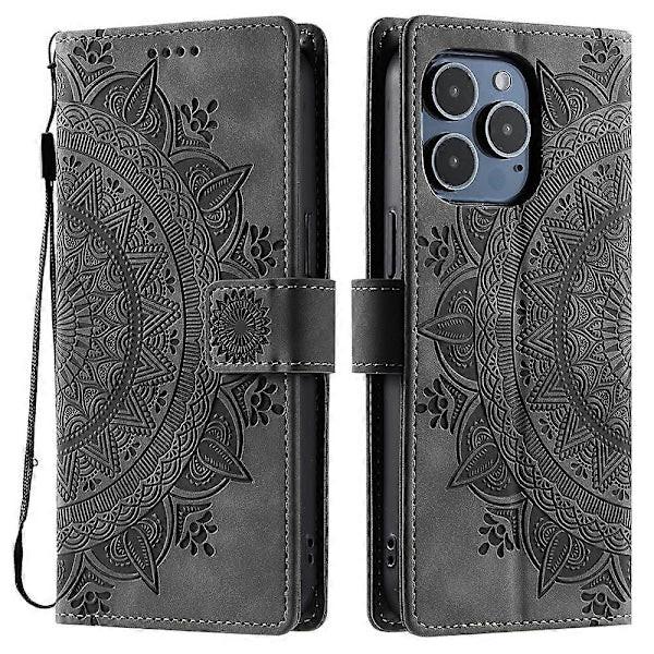 Compatible with iPhone 14 Pro Case Leather Wallet Embossed Totem Skin Feel Phone Cover.