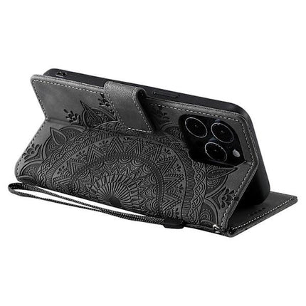 Compatible with iPhone 14 Pro Case Leather Wallet Embossed Totem Skin Feel Phone Cover.