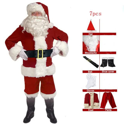 Santa Claus Costume 7 Parts Complete Set for Adults Cosplay with Elf XL 180-195cm.