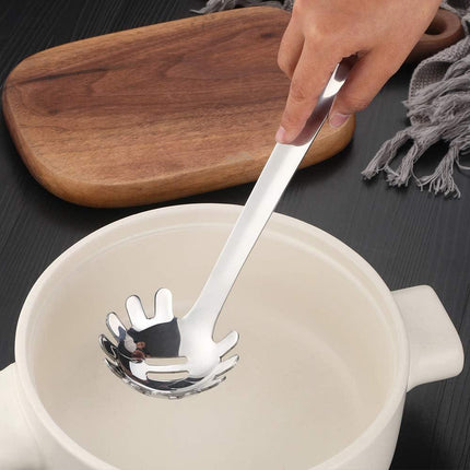 Stainless Steel Pasta Spoon: Spaghetti Server Fork & Noodles Ladle - Metal Pasta Claw for Kitchen Cooking (Silver).