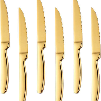 Stainless Steel Serrated Steak Knife Set of 6, BuyGo Gold Color Heavy Duty Dinner Table Knives for Cutting Meat, Beef, 8.6 Inch, Dishwasher Safe.