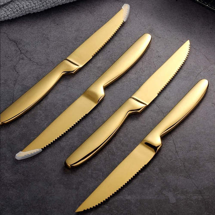 Stainless Steel Serrated Steak Knife Set of 6, BuyGo Gold Color Heavy Duty Dinner Table Knives for Cutting Meat, Beef, 8.6 Inch, Dishwasher Safe.
