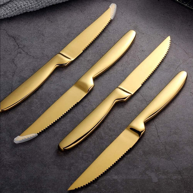 Stainless Steel Serrated Steak Knife Set of 6, BuyGo Gold Color Heavy Duty Dinner Table Knives for Cutting Meat, Beef, 8.6 Inch, Dishwasher Safe.