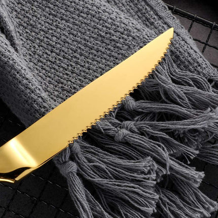 Stainless Steel Serrated Steak Knife Set of 6, BuyGo Gold Color Heavy Duty Dinner Table Knives for Cutting Meat, Beef, 8.6 Inch, Dishwasher Safe.