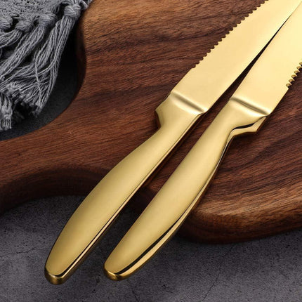Stainless Steel Serrated Steak Knife Set of 6, BuyGo Gold Color Heavy Duty Dinner Table Knives for Cutting Meat, Beef, 8.6 Inch, Dishwasher Safe.