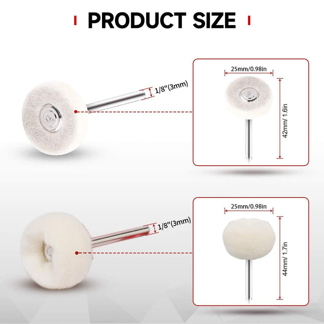 50 PCS 1 Inch Wool Felt Polishing Accessory Kits, 25 Each Spherical/Flat Buffing Wheels for Proxxon Dremel Rotary Tool - 1/8" Shank, Ideal for Wood Metal Jewelry and Glass Polishing.
