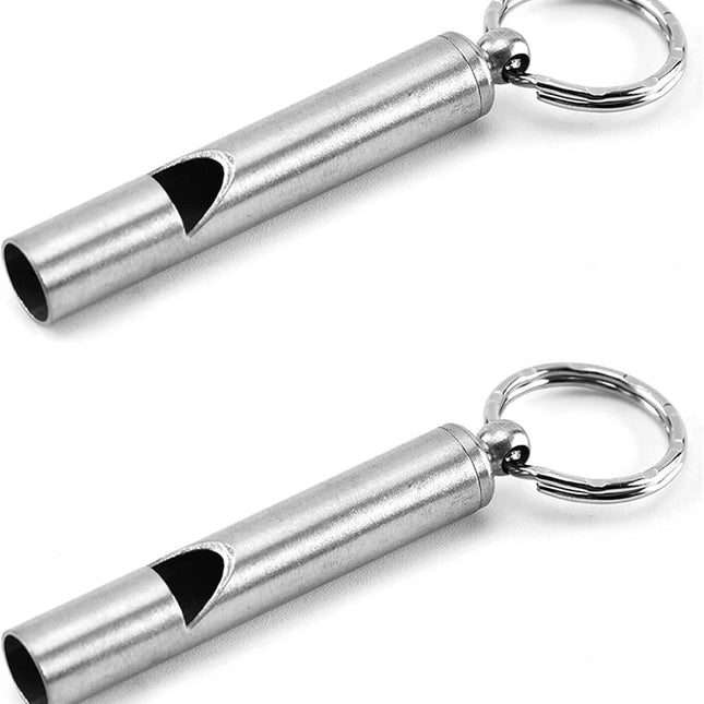 2PCS Mini Stainless Steel Survival Whistle Perfect for Camping, Hiking and Boating Loud Emergency Whistle with Far Distance Rang for Sporting Events and Call Your Dog，Keychain Included.