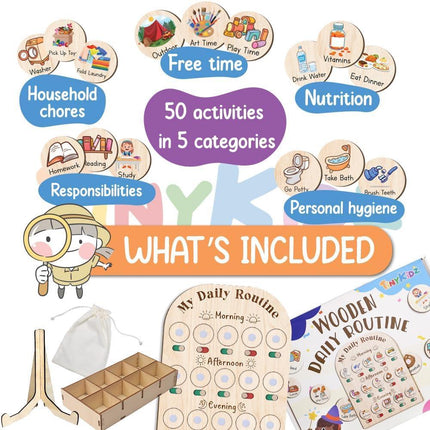 Daily Routine Chart for Kids, Visual Schedule, Routine Chart for Toddlers 3-5, Morning Bedtime Routine Chart for Toddlers, Wooden Chore Chart for Kids.