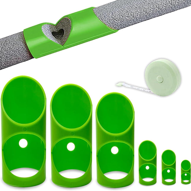 6PCS Pipe Insulation Cutting Guide， Molded Foam Pipe Cutter Tool with 15MM-53MM Insulation Cutting Fixture for Home/Industrial/Commercial Plumbing + Bonus 59" Tape Measure (Green).